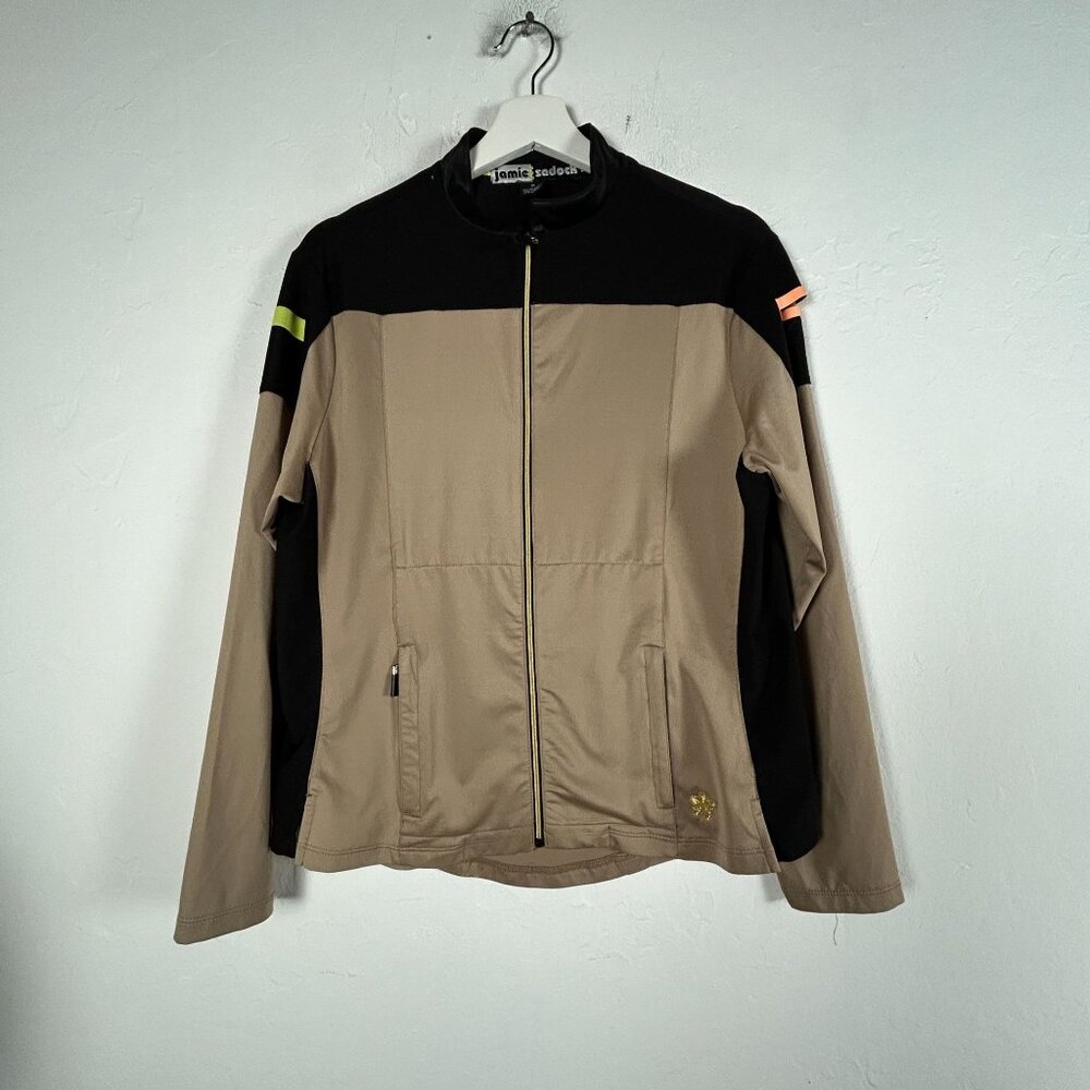 Jamie Sadock Womens Beige & Black Full-Zip Golf Jacket Medium Stretchy Athletic